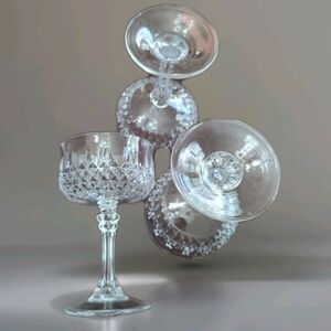 3 Cristal D'Arque Stemmed Diamond Cut Longchamp Sherbet/Parfait/Wine Glasses